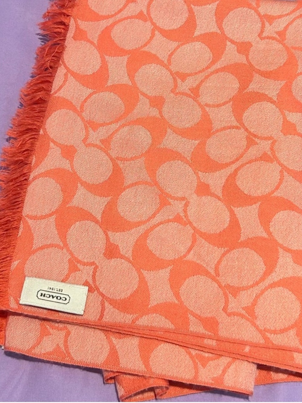 Coach Coral and Peach Wool-Silk Scarf EUC